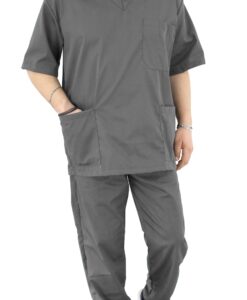 Ιατρικό Scrub set unisex γκρι με παντελόνι και μπλούζα κοντομάνικη με λαιμόκοψη τύπου V.