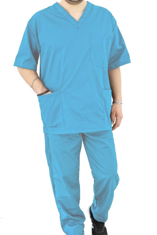 Ιατρικό Scrub set unisex σιελ με παντελόνι και μπλούζα κοντομάνικη με λαιμόκοψη τύπου V.