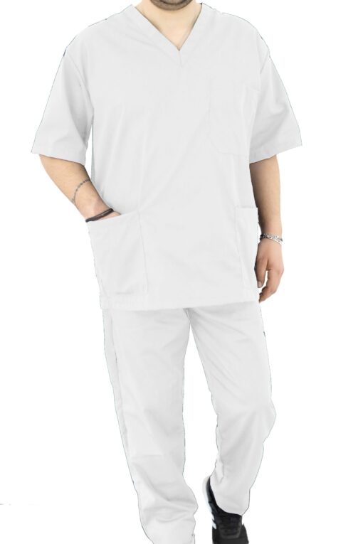 Ιατρικό Scrub set unisex άσπρο με παντελόνι και μπλούζα